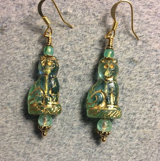 Aqua (with gold inlay) fancy Czech glass cat bead earrings adorned with aqua Czech glass beads.