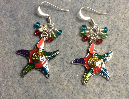 Turquoise, red, and green enamel starfish charm earrings adorned with tiny dangling turquoise, red, and green Czech glass beads.