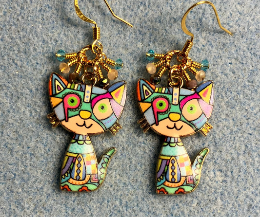 Violet, peach, and turquoise enamel cat charm earrings adorned with tiny dangling violet, peach, and turquoise Chinese crystal beads.