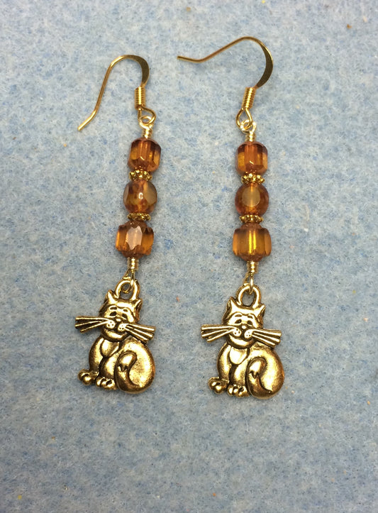 Gold cat charm earrings adorned with topaz Czech glass beads