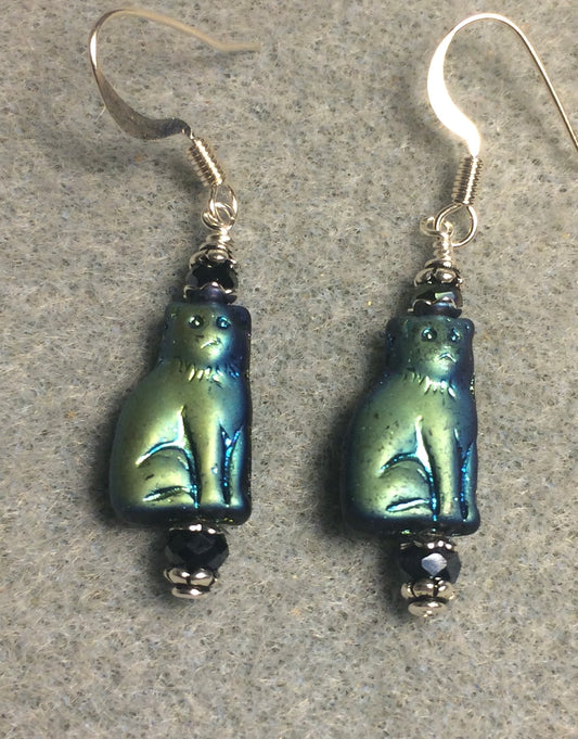 Small metallic black Czech glass cat bead earrings adorned with sparkly black Chinese crystal beads.