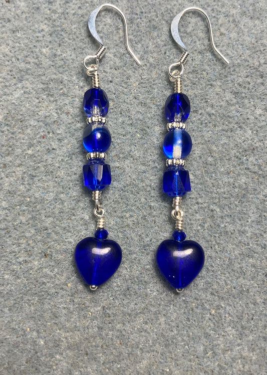 Small dark blue Czech glass heart bead earrings adorned with dark blue Czech glass beads.