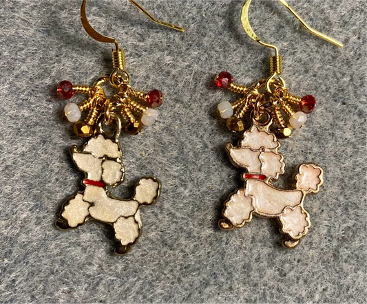 White and red enamel poodle charm earrings adorned with tiny dangling white, red, and gold Chinese crystal beads.