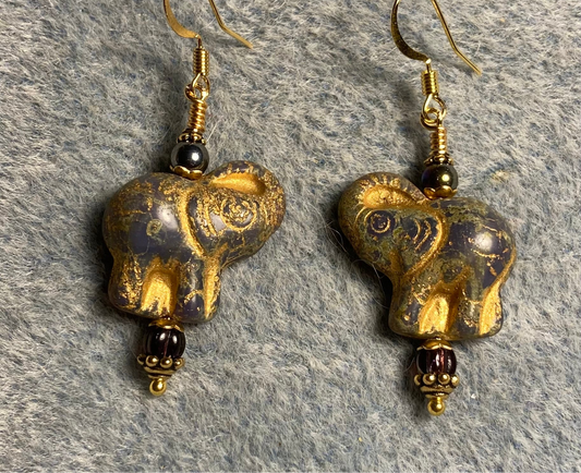 Purple gold (with gold inlay) Czech glass elephant bead earrings adorned with purple Czech glass beads.