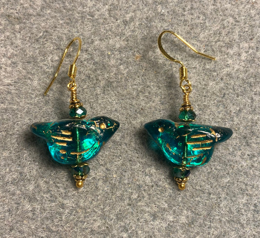 Teal (with gold wash) Czech glass bird bead earrings adorned with teal Chinese crystal beads.