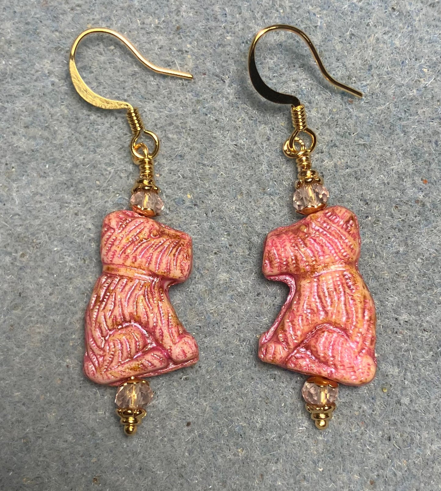 Pink Czech glass Schnauzer bead earrings adorned with light pink Chinese crystal beads.