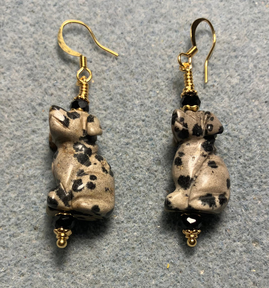 Dalmatian jasper gemstone dog bead earrings adorned with black Chinese crystal beads.