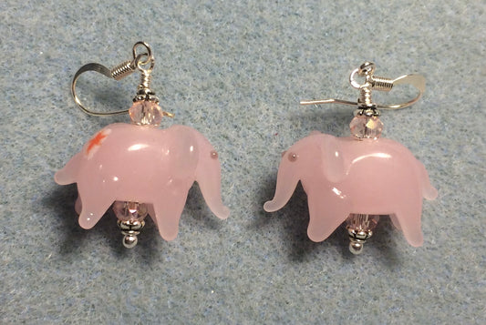 Opaque pink lamp work elephant bead earrings adorned with pink Chinese crystal beads.