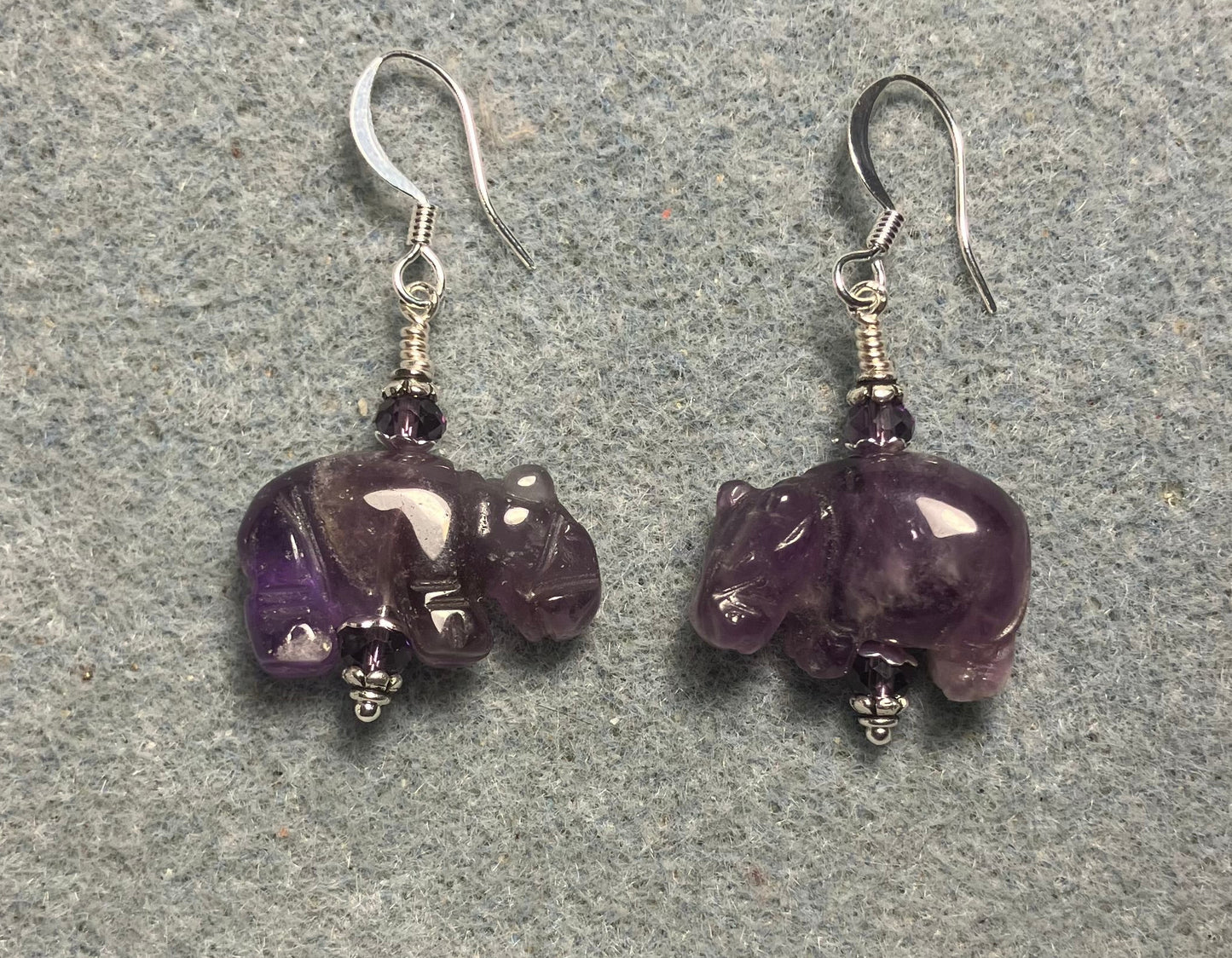 Purple amethyst gemstone hippo bead earrings adorned with purple Chinese crystal beads.