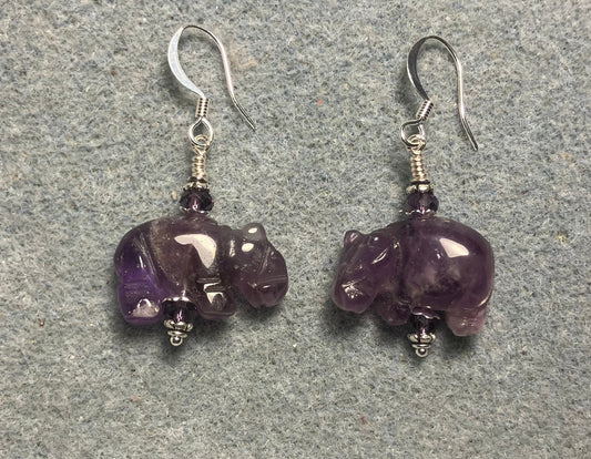 Purple amethyst gemstone hippo bead earrings adorned with purple Chinese crystal beads.