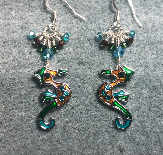 Turquoise, brown, and green enamel seahorse charm earrings adorned with tiny dangling turquoise, brown, and green Chinese crystal beads.