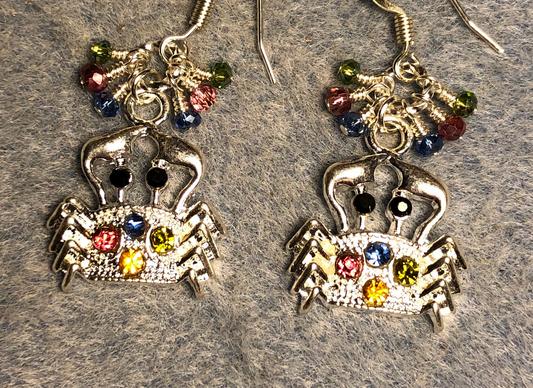 Silver and multicolored rhinestone crab charm earrings adorned with tiny dangling blue, rose, and green Chinese crystal beads.
