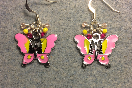 Pink and yellow enamel butterfly charm earrings adorned with tiny dangling pink and yellow Chinese crystal beads.