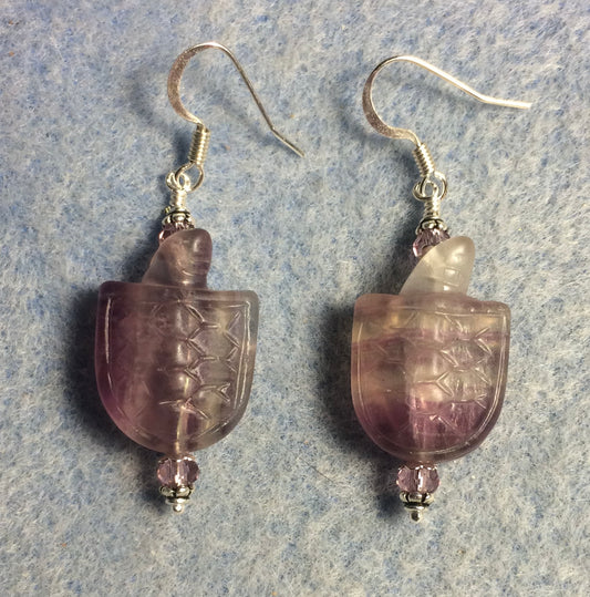 Purple fluorite gemstone turtle bead earrings adorned with purple Chinese crystal beads.