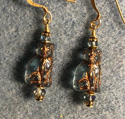 Small translucent light blue  (with copper inlay) Czech glass cat bead earrings adorned with light blue Chinese crystal beads.