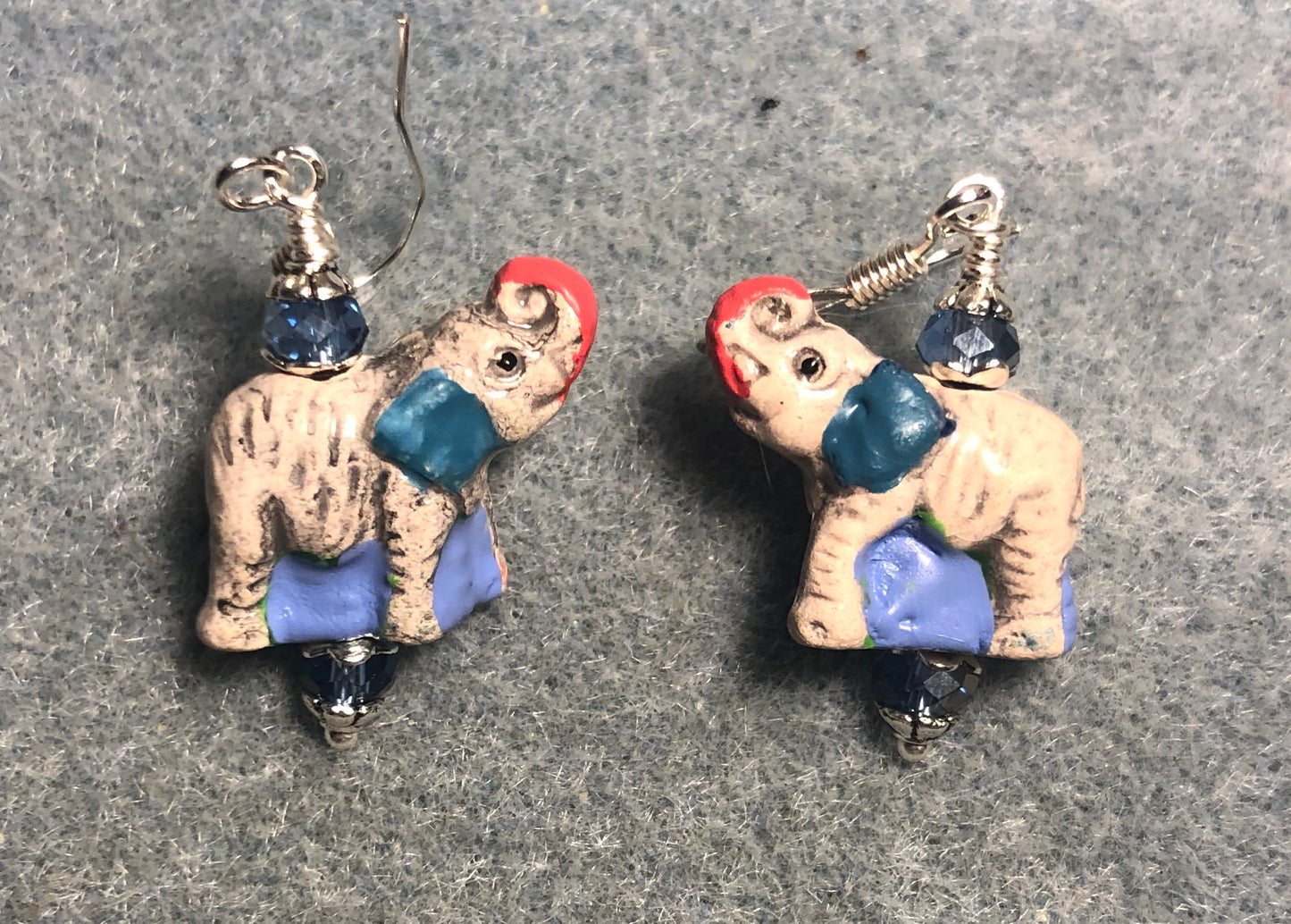 Small gray, turquoise, and blue ceramic elephant bead earrings adorned with blue Chinese crystal beads.