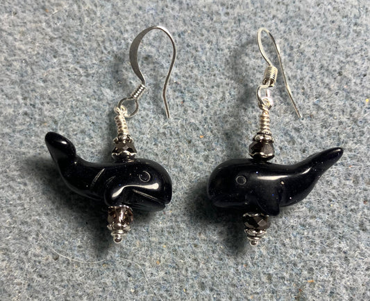 Blue goldstone gemstone whale bead earrings adorned with purple Chinese crystal beads.