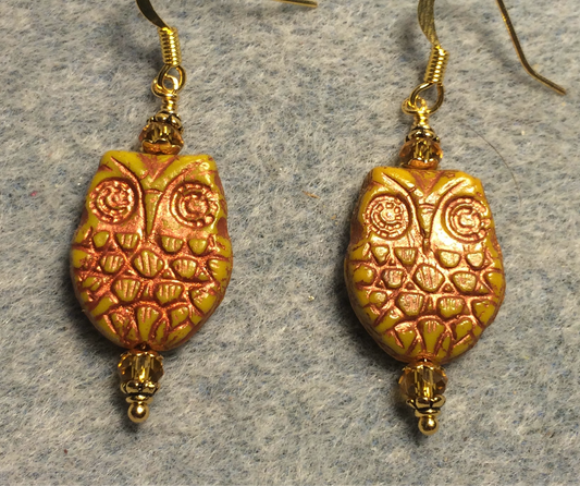 Mustard yellow (with copper wash) Czech glass owl bead earrings adorned with topaz Chinese crystal beads.