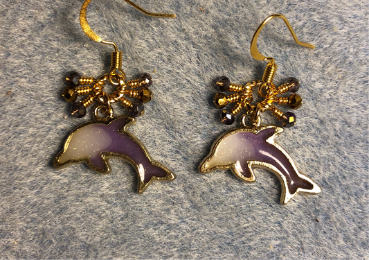 Purple and gold resin dolphin charm earrings adorned with tiny dangling purple and gold Chinese crystal beads.