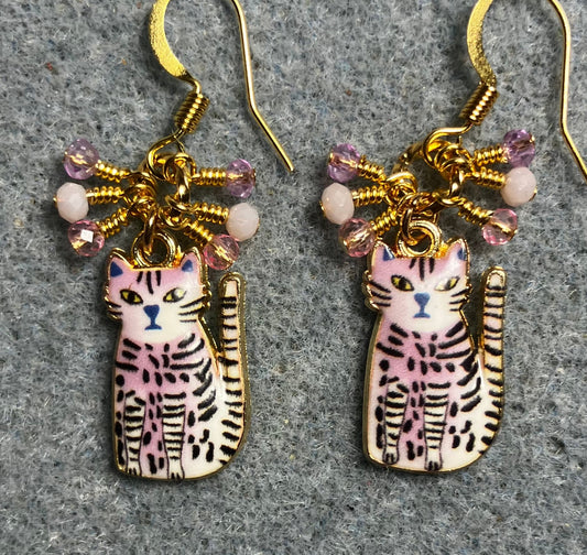 Light pink, black, and white enamel striped cat charm earrings adorned with tiny dangling light pink Chinese crystal beads.