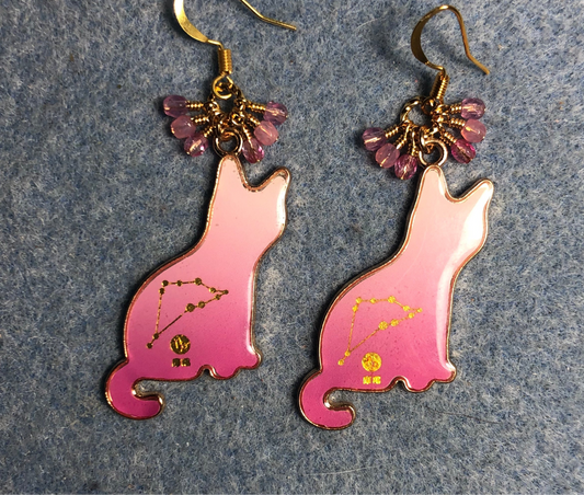 Hot pink and light pink enamel cat charm earrings adorned with tiny dangling hot pink and light pink Czech glass beads.