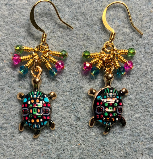 Turquoise, hot pink, and green enamel turtle charm earrings adorned with tiny dangling turquoise, hot pink, and green Chinese crystal beads.