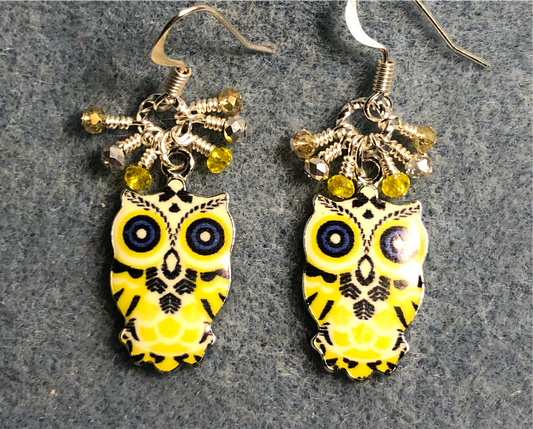 Yellow, black, and silver enamel owl charm earrings adorned with tiny dangling yellow and silver Chinese crystal beads.