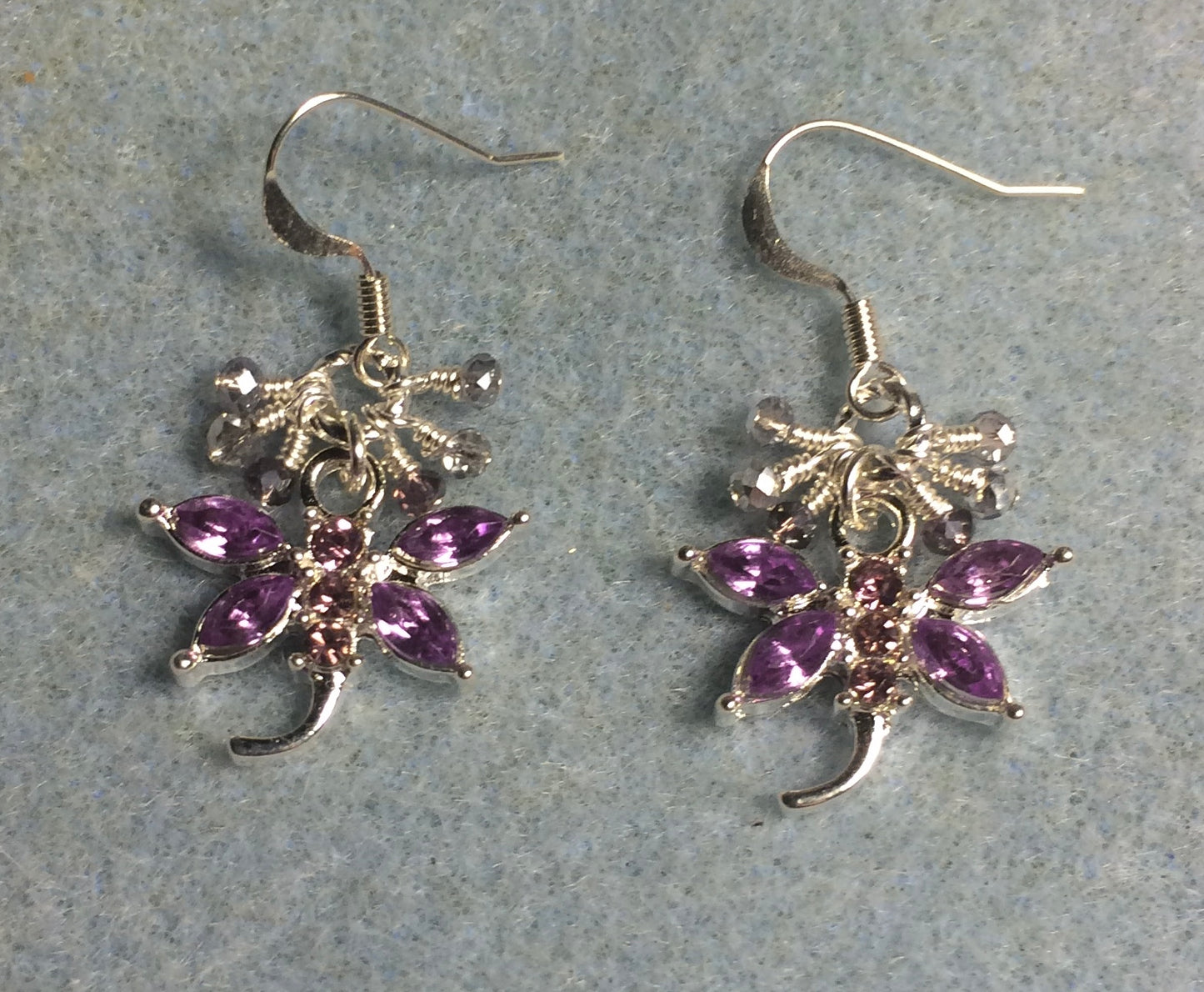 Violet and silver rhinestone dragonfly charm earrings adorned with tiny dangling violet and silver Chinese crystal beads.