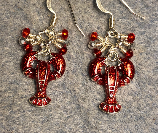 Silver and red enamel lobster charm earrings adorned with tiny dangling red and silver Chinese crystal beads.
