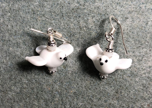 Small white lamp work flying dove bead earrings adorned with white Chinese crystal beads.
