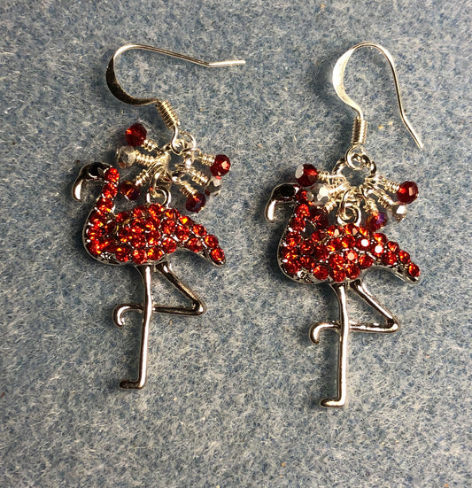 Silver and red rhinestone flamingo charm earrings adorned with tiny dangling red and silver Chinese crystal beads.