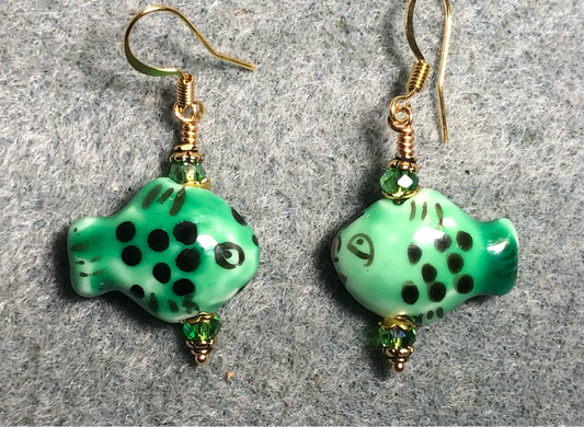 Green ceramic spotted fish bead earrings adorned with green Chinese crystal beads.