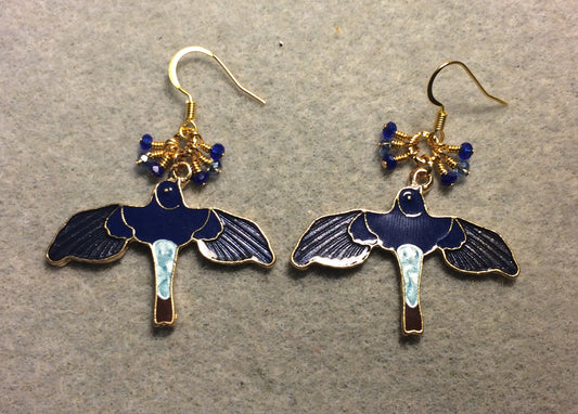 Dark blue and light blue enamel flying eagle charm earrings adorned with tiny dangling dark blue and light blue Chinese crystal beads.