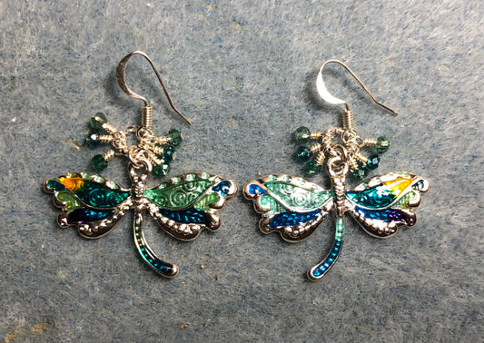 Turquoise and teal dragonfly charm earrings adorned with tiny dangling turquoise and teal Chinese crystal beads.