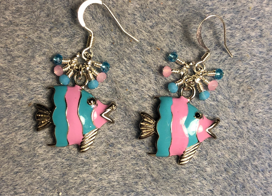 Turquoise and pink enamel striped angelfish charm earrings adorned with tiny dangling turquoise and pink Chinese crystal beads.