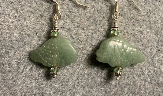 Small green aventurine  gemstone fish bead earrings adorned with light green Chinese crystal beads.