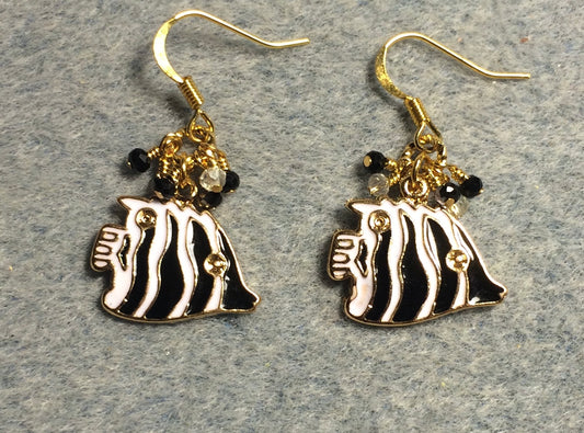 Black and white enamel striped angelfish charm earrings adorned with tiny dangling black and clear Chinese crystal beads.