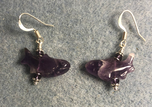Purple amethyst gemstone shark bead earrings adorned with purple Chinese crystal beads.