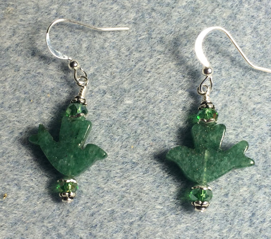 Green aventurine gemstone flying dove bead earrings adorned with dark green Chinese crystal beads.