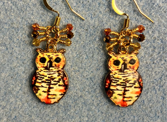 Amber, brown, and orange enamel owl charm earrings adorned with tiny dangling amber, brown, and orange Chinese crystal beads.
