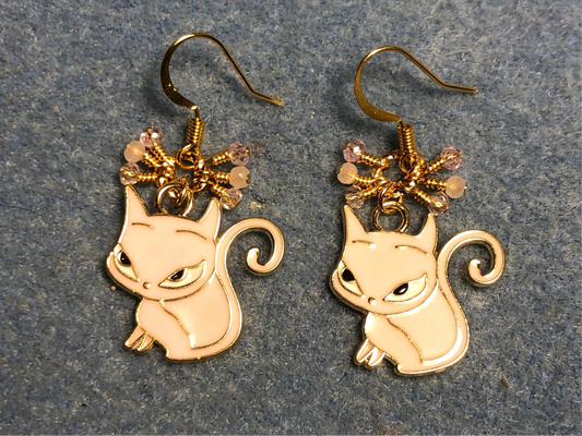 Peach, gold, and white enamel fox (or devil cat) charm earrings adorned with tiny dangling peach and pink Chinese crystal beads.