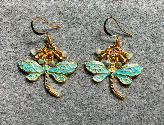 Aqua green enamel dragonfly charm earrings adorned with tiny dangling aqua, light green and gold Chinese crystal beads.