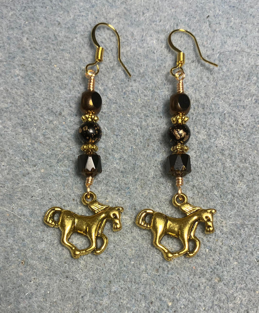 Gold horse charm earrings adorned with black Czech glass beads