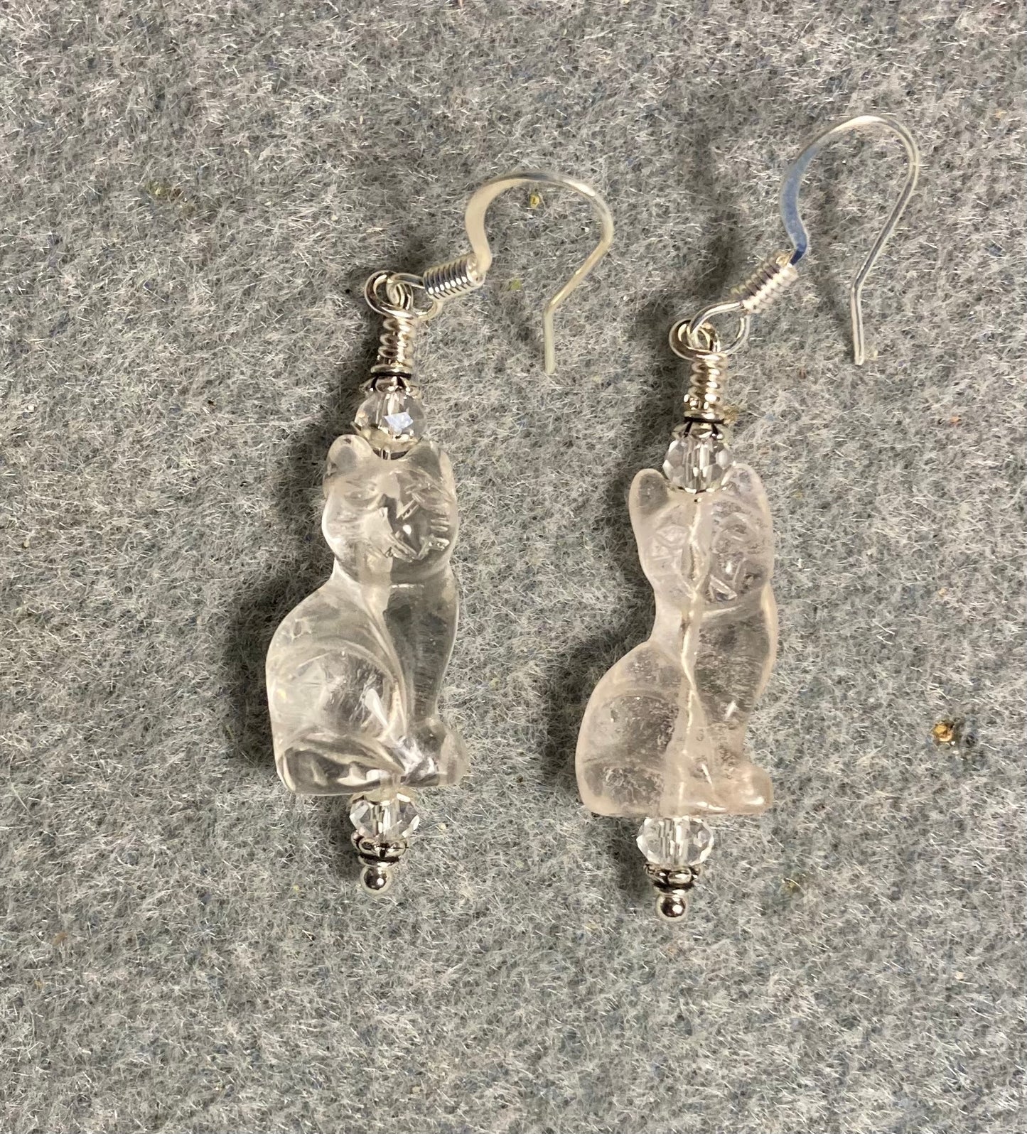 Rock crystal gemstone cat bead earrings adorned with clear Chinese crystal beads.