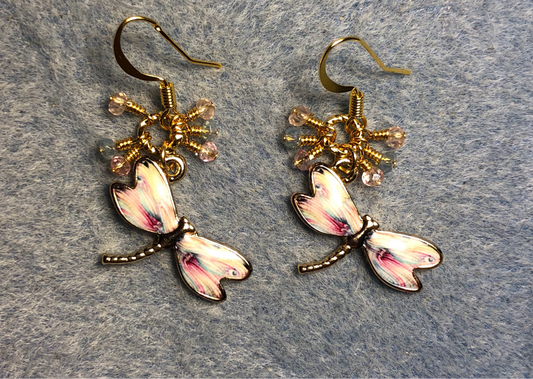 Light pink and light blue enamel dragonfly charm earrings adorned with tiny dangling light pink and light blue Chinese crystal beads.