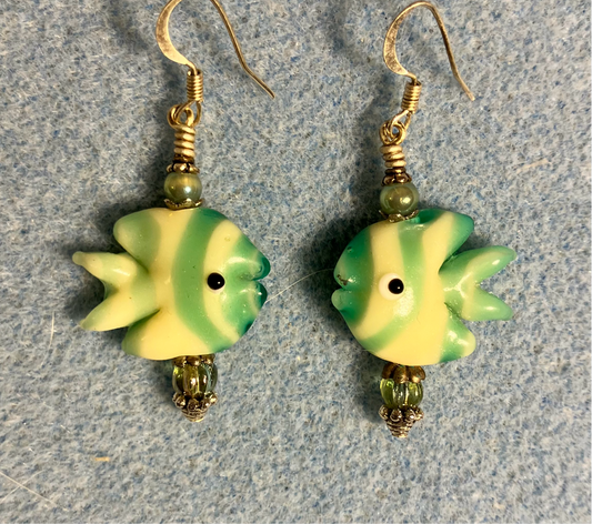Light green and yellow lamp work striped angelfish bead earrings adorned with light green Czech glass beads.