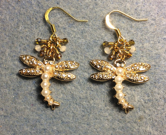 Gold rhinestone and faux pearl dragonfly charm earrings adorned with tiny dangling amber and white Chinese crystal beads.