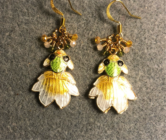 Amber, white, and green cloisonné goldfish charm earrings adorned with tiny dangling amber, white, and green Chinese crystal beads.