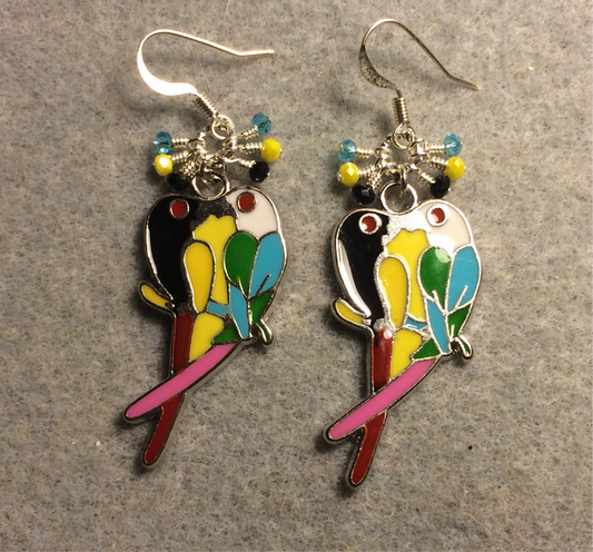 Black, yellow, and turquoise parrot charm earrings adorned with small dangling black, yellow, and turquoise Czech glass beads.