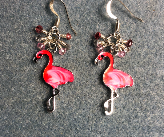 Hot pink enamel flamingo charm earrings adorned with tiny dangling pink and silver Chinese crystal beads.